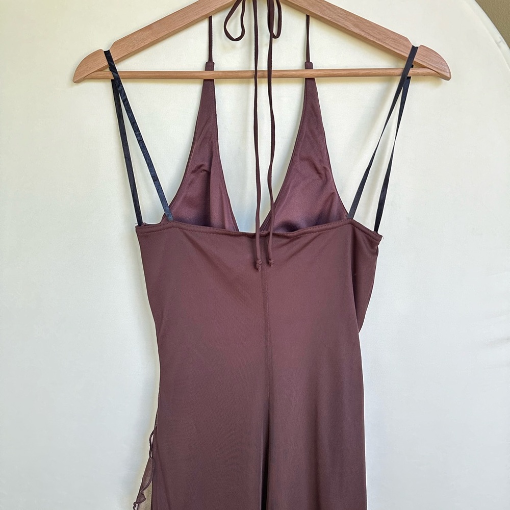 Y2K Brown Halter Dress Coquette Goth Tiered Ruffled Midi - Picture 3 of 6